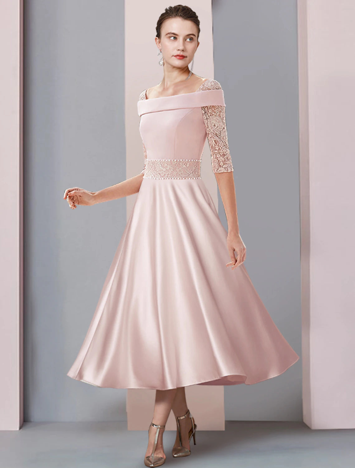 Wholesale  A-Line Mother of the Bride Dress Formal Wedding Guest Elegant Square Neck Tea Length Satin Lace Half Sleeve with Pearls